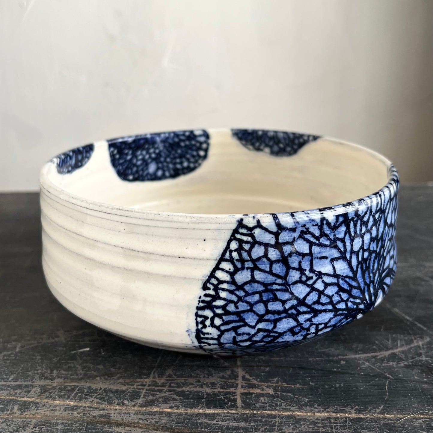 handmade ceramic soup bowl, white with blue leaf decor