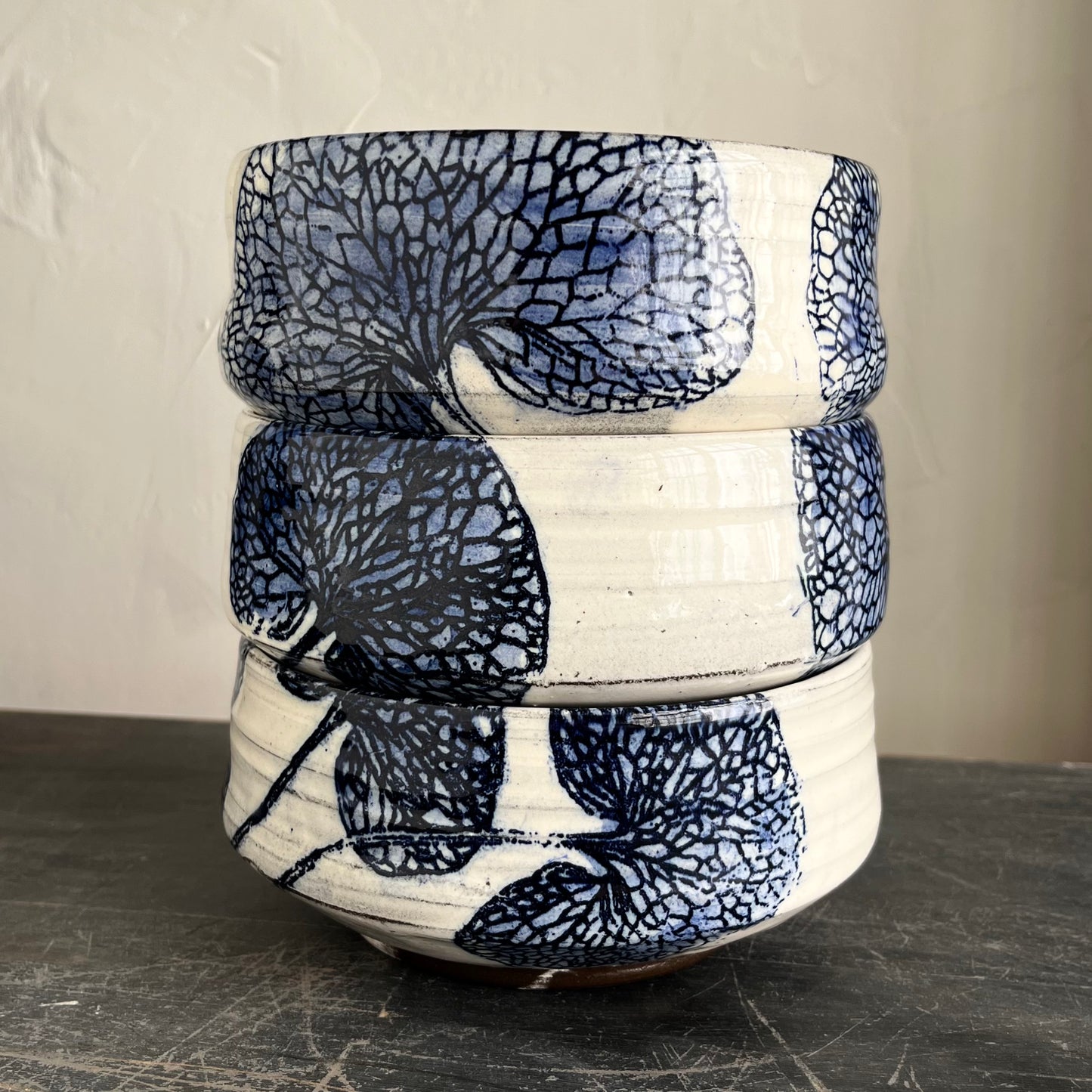 Handmade ceramic bowls, white with blue decor
