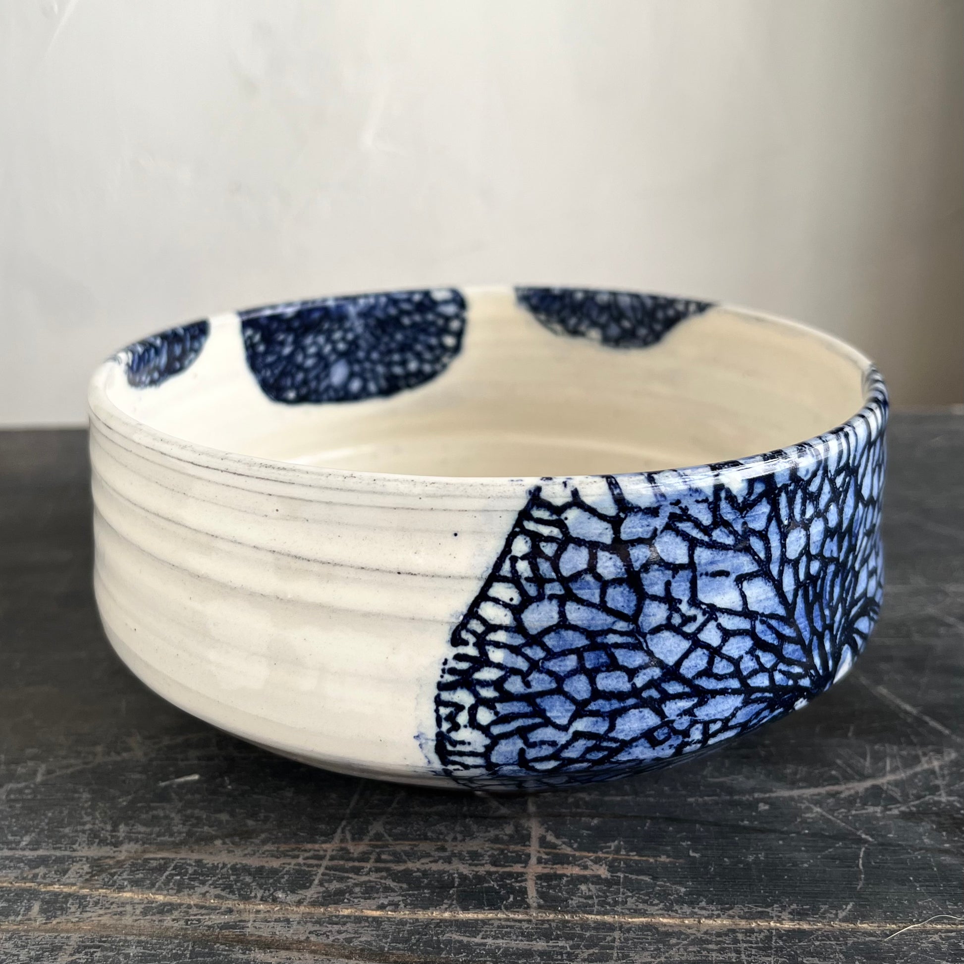 handmade ceramic soup  bowl, white with blue leaf decor