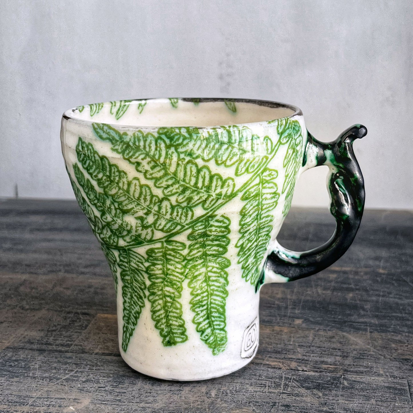 Handmade ceramic cup, white with green fern's 