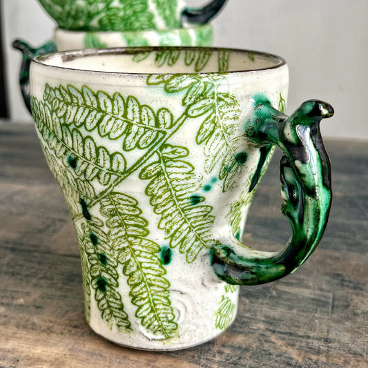 handmade ceramic cup, white with green decor 
