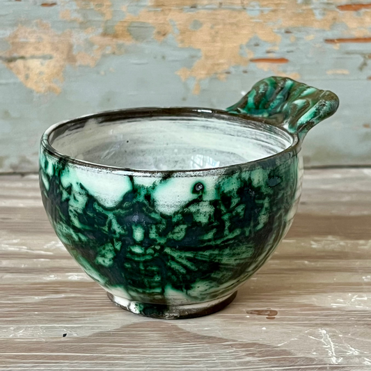 handmade ceramic bowl with handle, white with green moths