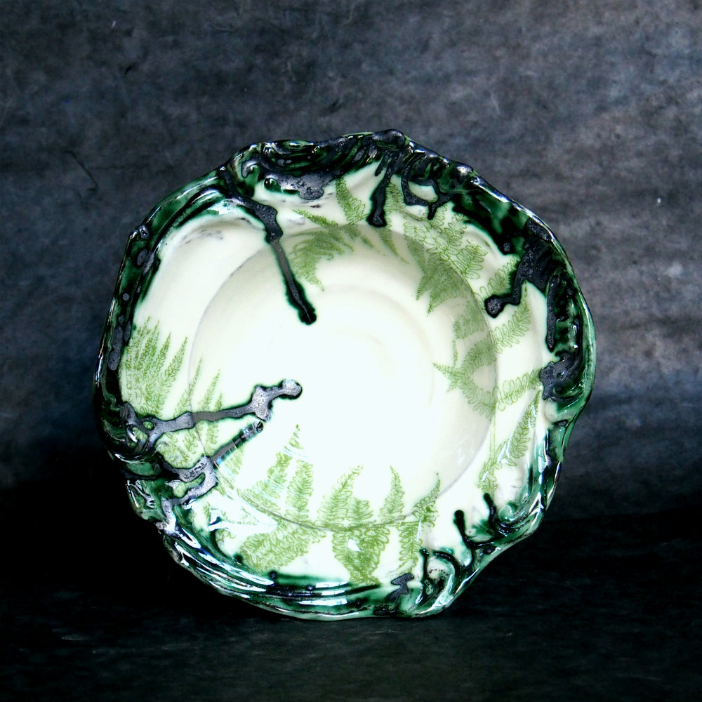 soppskål i keramik, handgjord dekorerad med gröna ormbunkar